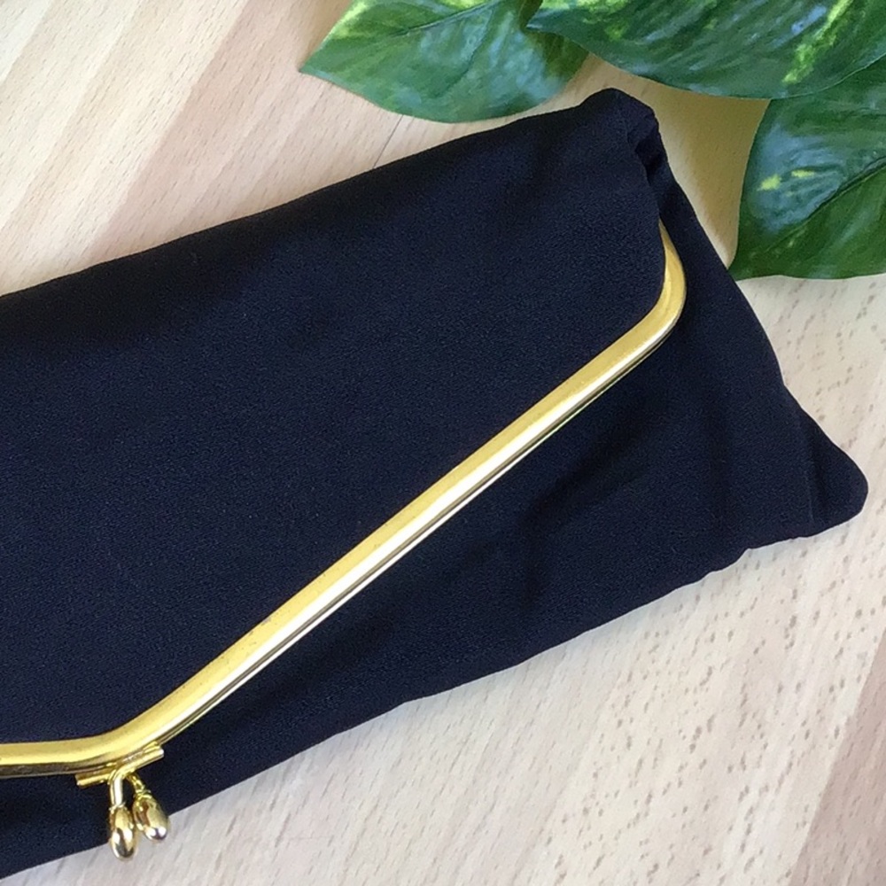 Vintage Like NEW Black Foldover Clutch with Gold Accent - Picture 2 of 10